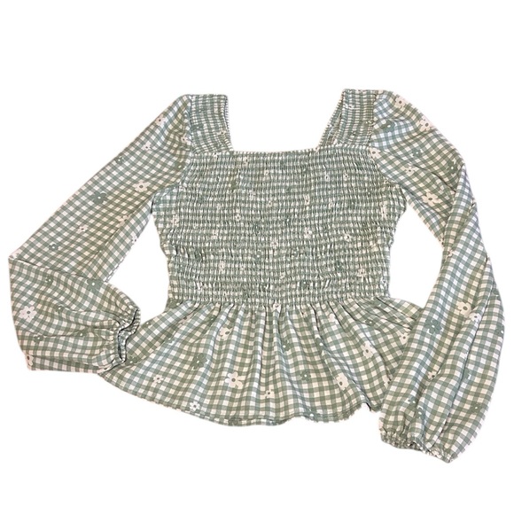 Altar’d State Green White Gingham Floral Smocked Women's Top size Small - Picture 9 of 14